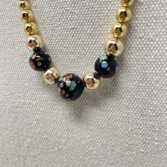 Murano Glass Millefiori Bead Necklace Long Black Gold-Tone Dainty Simple Minimal - Picture 7 of 9